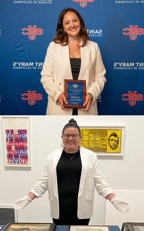 两张照片:在上面, student Emily Hancock holds plaque for 2024 Student 领导 Awards; Bottom, Izzy Ruiz在SMC艺术博物馆